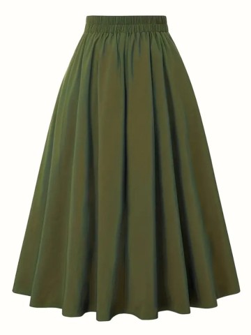 Army green high-waisted slimming skirts with large hemlines