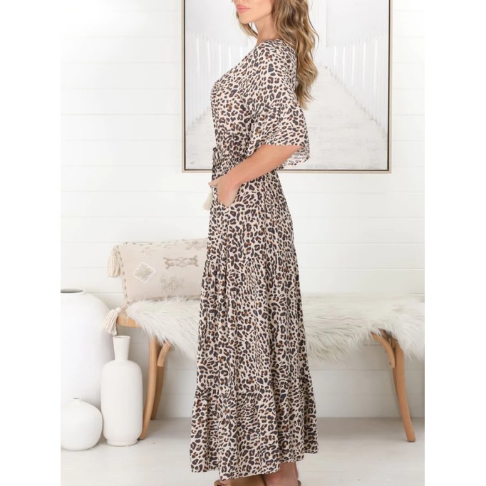Black V-neck waistline leopard print Bohemian minimalist dress
