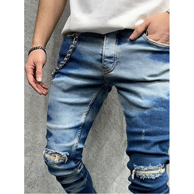 Bleached Chain Perforated Jeans