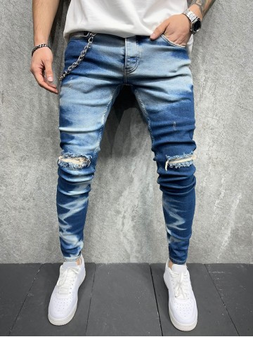 Bleached Chain Perforated Jeans