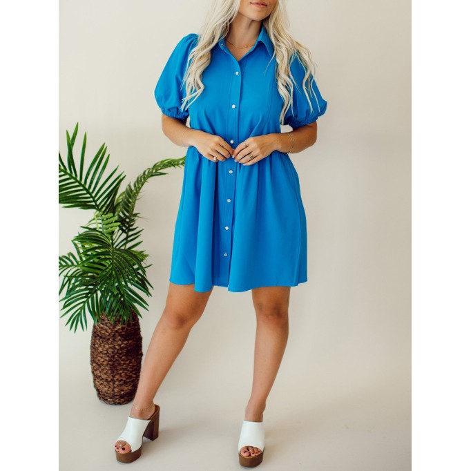 Blue Button Bubble Sleeve Shirt Dress