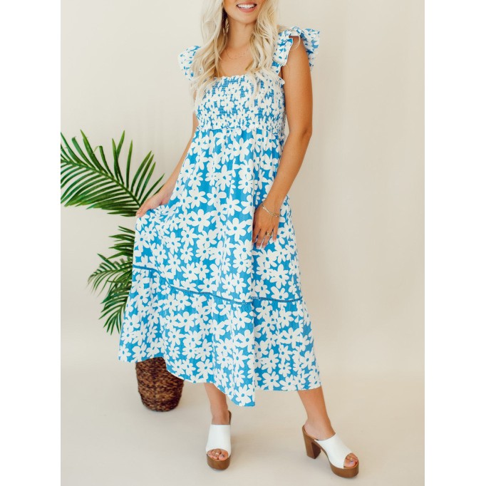 Blue floral pleated mid length dress