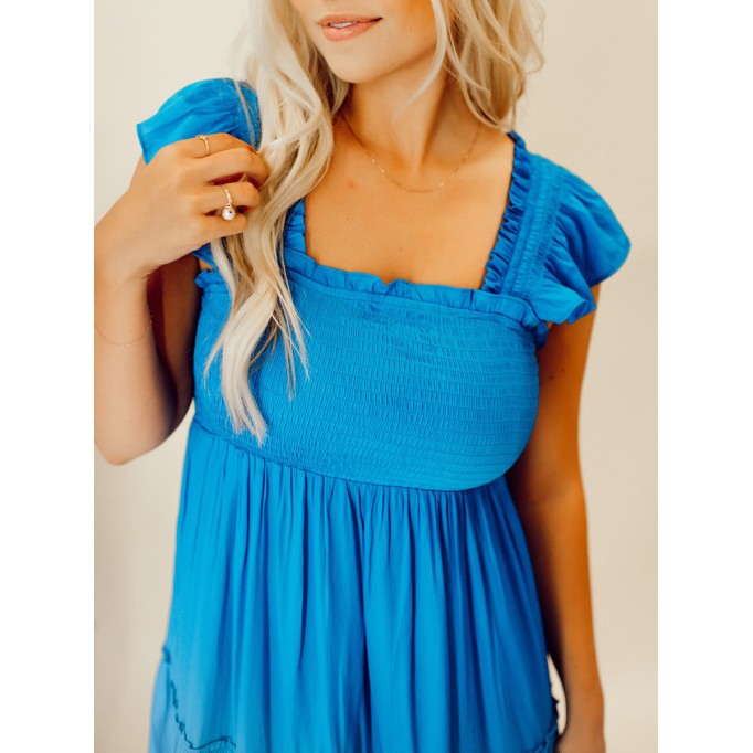 Blue pleated ruffled mid length dress