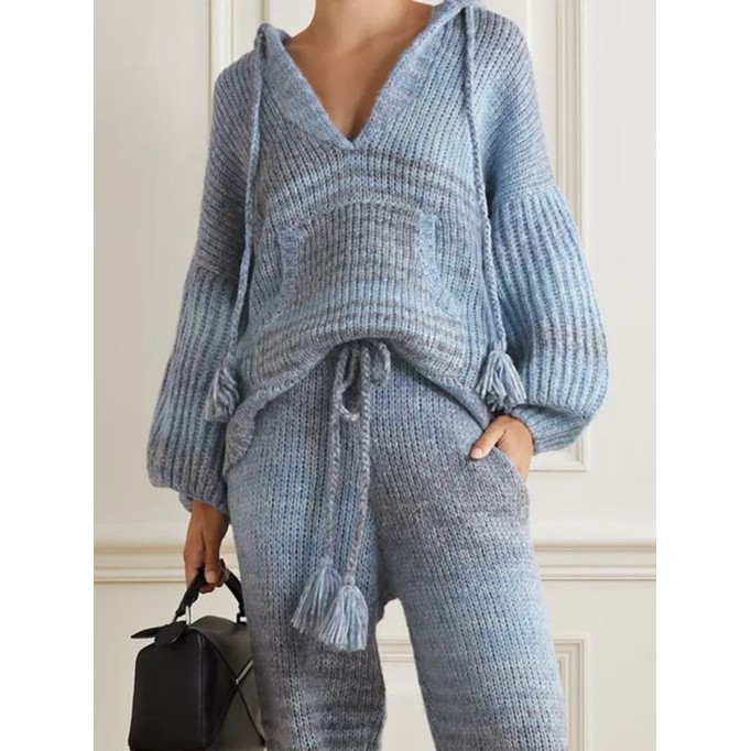 Casual contrasting color hooded knitted two-piece set