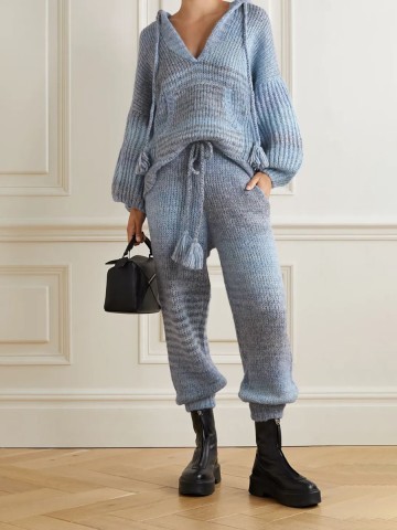 Casual contrasting color hooded knitted two-piece set