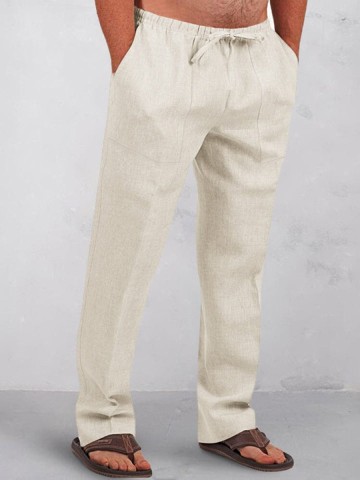 Casual solid color elastic waist cotton and linen straight pants