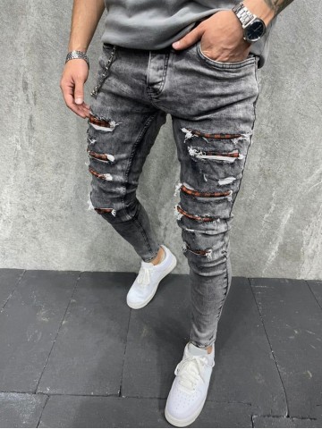 Checkered Chain Tight Perforated Jeans