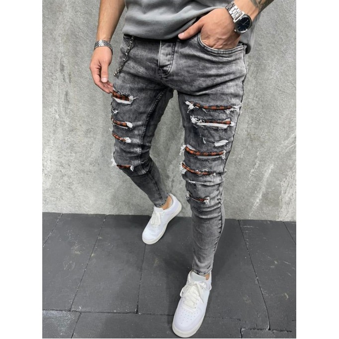 Checkered Chain Tight Perforated Jeans