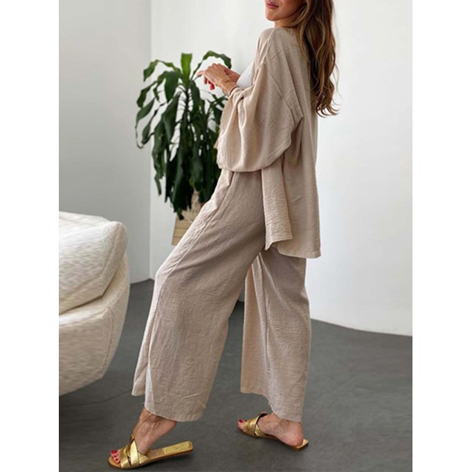 Cotton and linen cardigan wide leg pants two-piece set