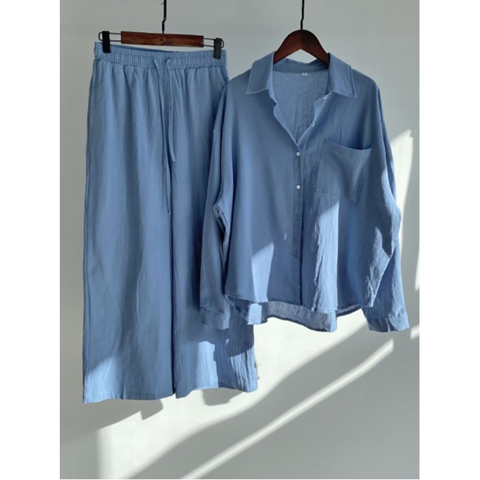 Cotton and linen shirt suit high waist loose trousers
