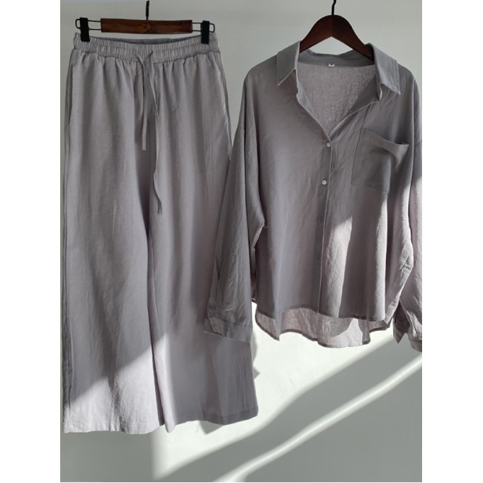 Cotton and linen shirt suit high waist loose trousers