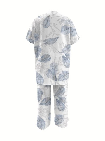 Elegant leaf print cardigan and trousers 2 sets