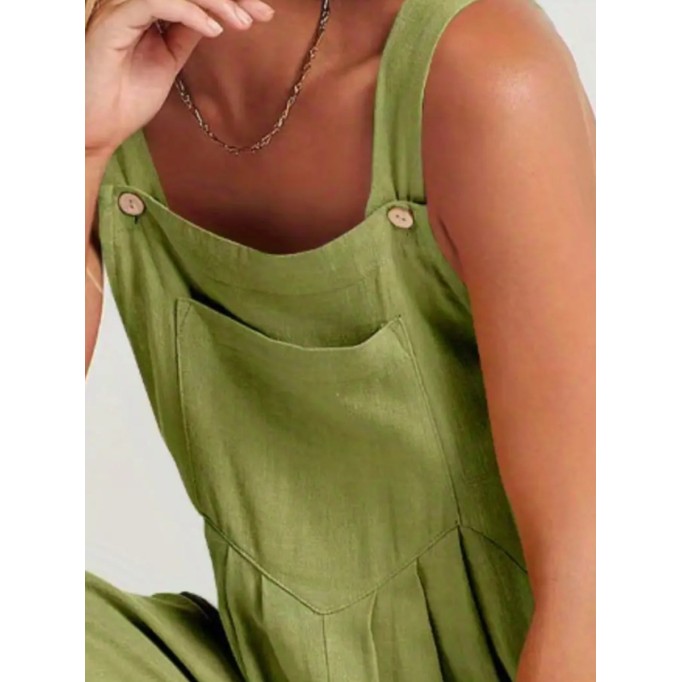 Green cotton and linen loose romper overalls