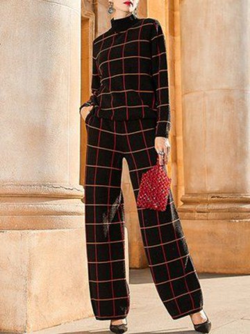 Ladies casual plaid high collar two piece set