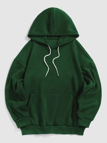 Letter-embroidered puffy fleece-lined green hoodie