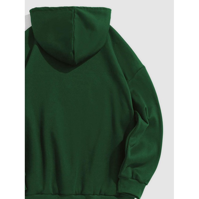 Letter-embroidered puffy fleece-lined green hoodie