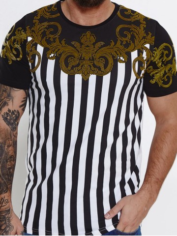 Men's casual striped patchwork pattern short sleeved T-shirt