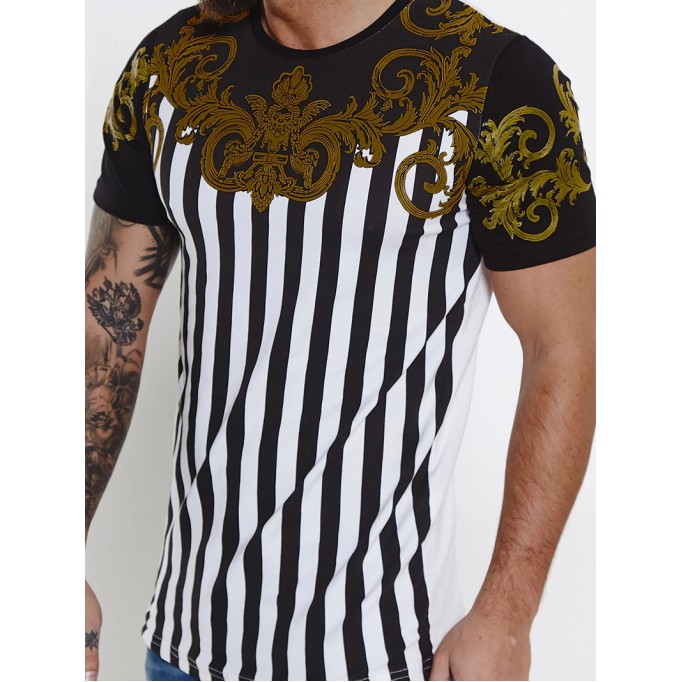 Men's casual striped patchwork pattern short sleeved T-shirt