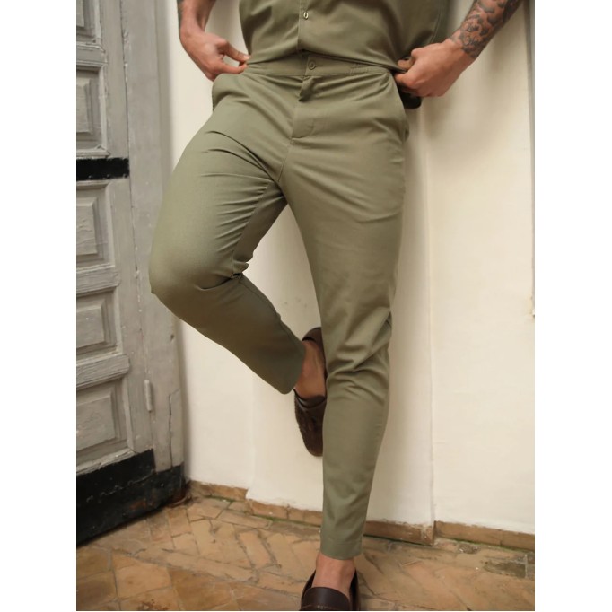 Green Elastic Twill Men's Pants