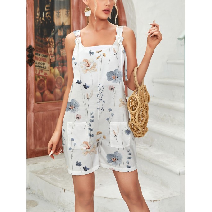 Printed casual one-piece suspender shorts with pockets