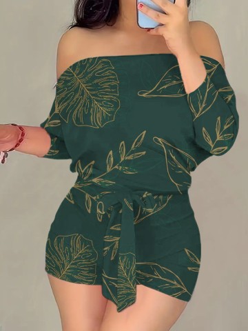 Sexy one-line shoulder waist slimming printed jumpsuit