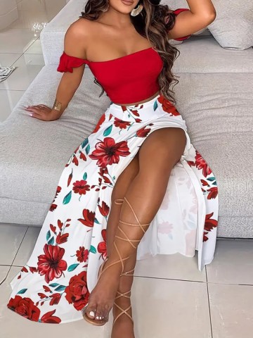 Sexy strapless, off-the-shoulder printed half skirt vacation set