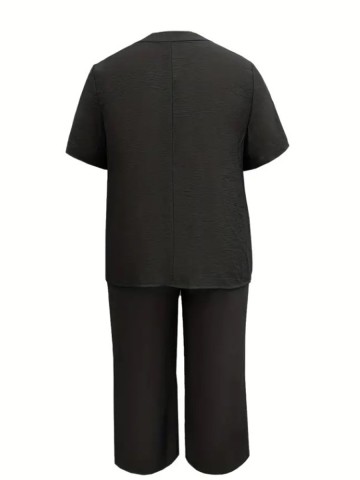 Short sleeve V-neck cotton linen top pant suit