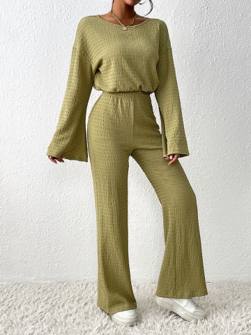 Solid color flare sleeve top wide leg pants set