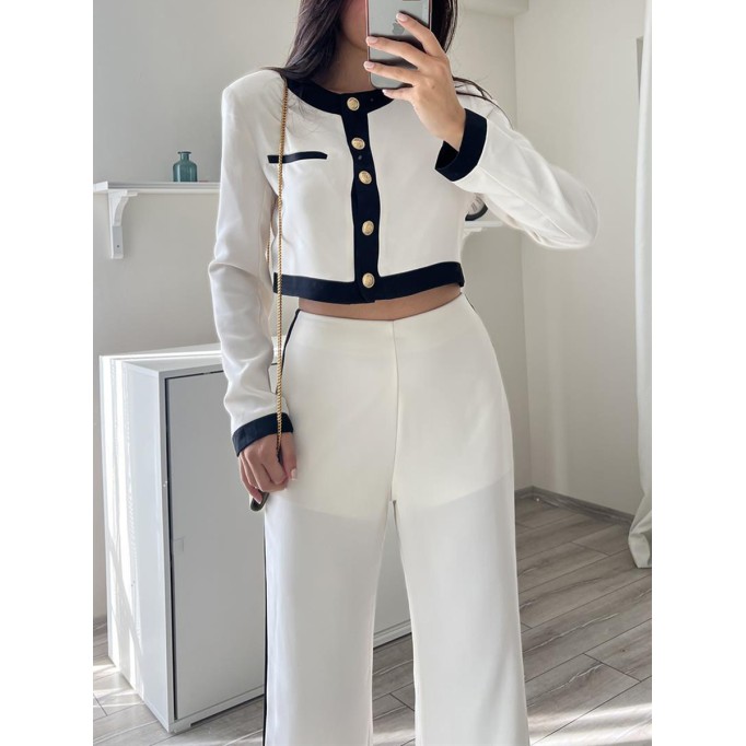 Spliced round neck single breasted top and pants two-piece set