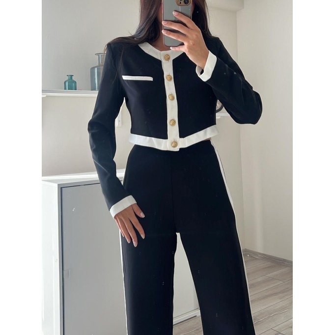 Spliced round neck single breasted top and pants two-piece set