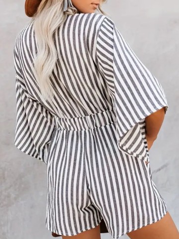 Summer V-neck short sleeve striped jumpsuit
