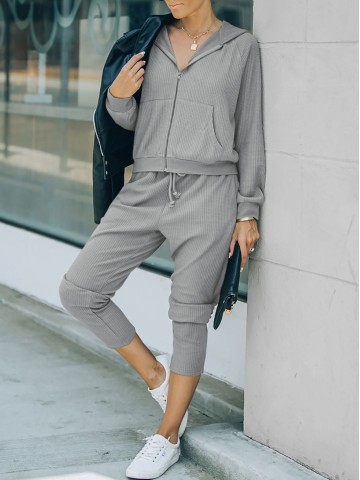 Waffle knit zippered hoodie and pants sports casual set