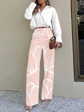 White simple elegant loose shirt + elegant printed trousers 2-piece set