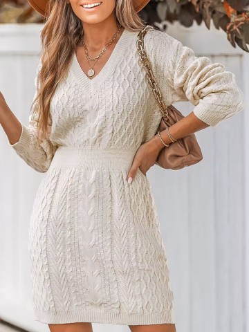 Women's Casual Cable Knit V-Neck Sweater Dress