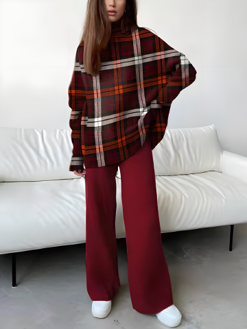 Women's Fashion Printing Loose High Neck Pants Long Sleeve Two Piece Set