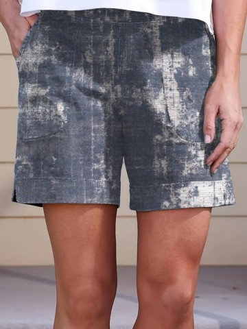 Women's high-waisted tie-dye printed cotton linen shorts