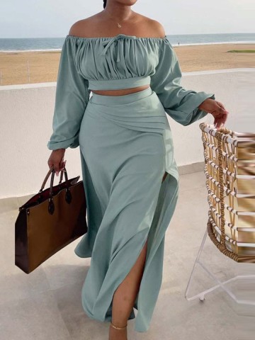 Women's Solid Color Slit Strapless Long Sleeve Top Halter Dress Set